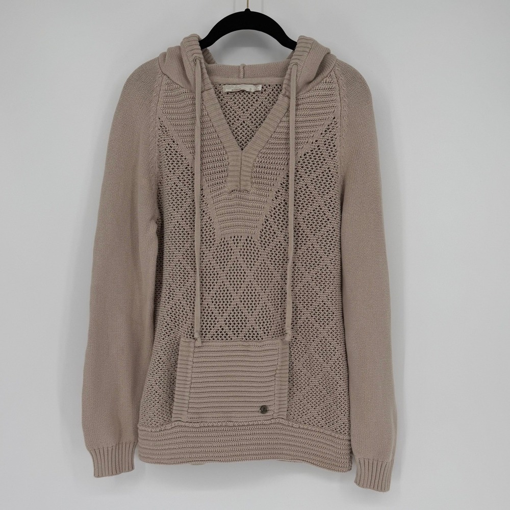 Prana Womens Knit Hooded Sweater Beige Tan Pointelle V-Neck Kangaroo Pocket S